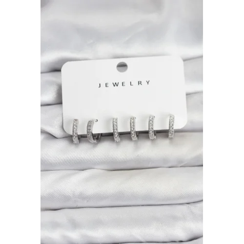 Mey İthalat® Gümüş Renk Pirinç Zirkon Taşlı Halka Kadın Küpe Seti