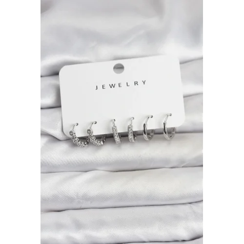 Mey İthalat® Gümüş Renk Pirinç Zirkon Taşlı Kadın Küpe Seti