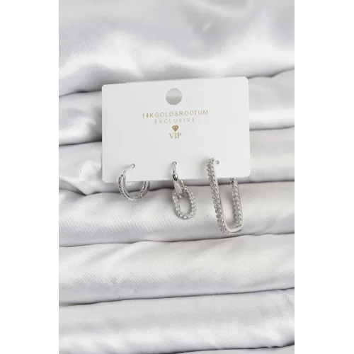 Mey İthalat® Gümüş Renk Zirkon Taşlı 3lü Kadın Küpe Seti