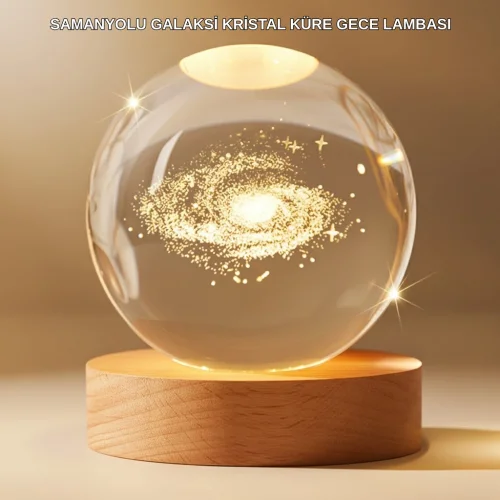 Mey İthalat® Gün Işığı LED’li 3D Kristal Galaksi Küre Ahşap Tabanlı Dekoratif Lamba