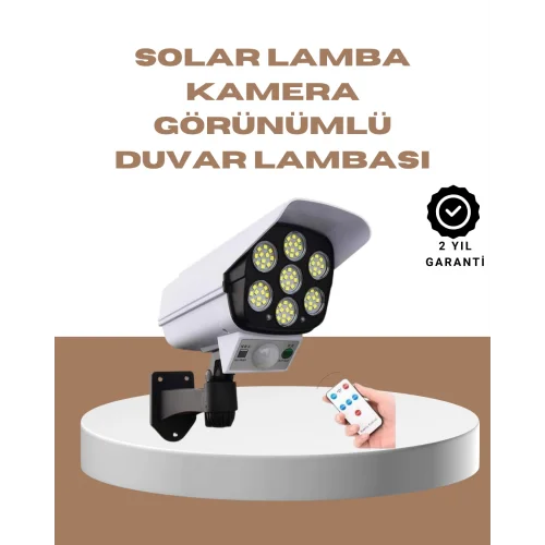 Mey İthalat® Güneş Enerjili LED Lamba + Güvenlik Kamerası Görünümlü– 5-8 m Hareket Algılamalı, Beyaz Işık