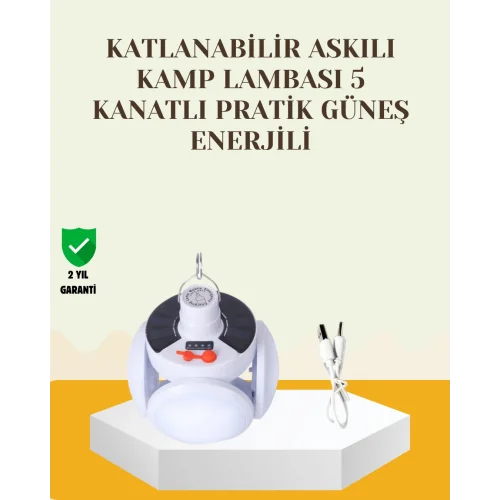 Mey İthalat® Güneş Paneliyle Şarj Olan Katlanabilir LED Çadır Lambası – 5 Kademeli Aydınlatma