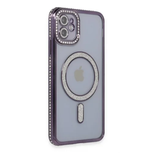 Mey İthalat®  iPhone 11 Kılıf Joke Simli Magneticsafe Kılıf - Derin Mor