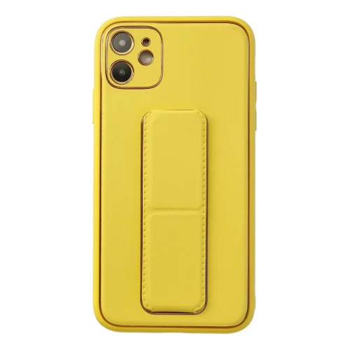 Mey İthalat®   iPhone 12 Kılıf Coco Deri Standlı Kapak - Sarı