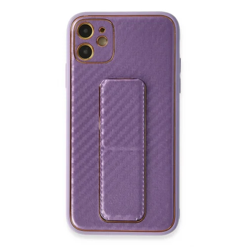 Mey İthalat®  iPhone 12 Kılıf Coco Karbon Standlı Kapak - Mor