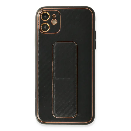 Mey İthalat®  iPhone 12 Kılıf Coco Karbon Standlı Kapak - Siyah