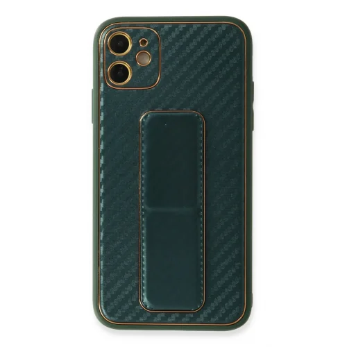 Mey İthalat®  iPhone 12 Kılıf Coco Karbon Standlı Kapak - Yeşil