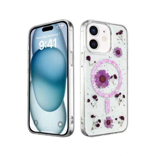 Mey İthalat®  iPhone 12 Kılıf Daisy Simli Magsafe Kapak - Mor