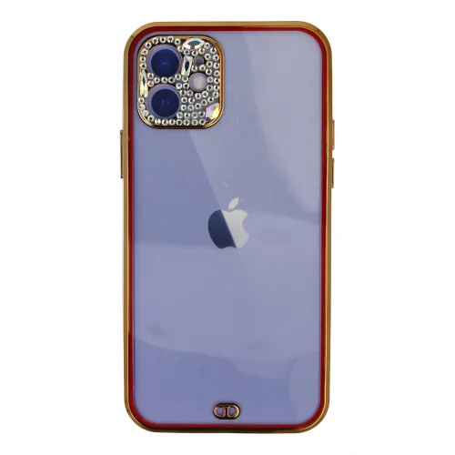 Mey İthalat®  iPhone 12 Kılıf Liva Taşlı Silikon - Kırmızı