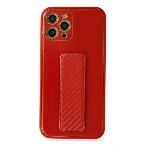 Mey İthalat®  iPhone 12 Pro Kılıf Coco Karbon Standlı Kapak - Kırmızı