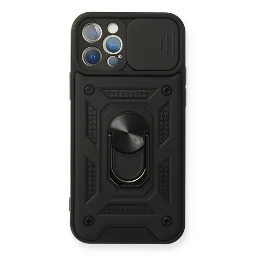 Mey İthalat®  iPhone 12 Pro Kılıf Pars Lens Yüzüklü Silikon - Siyah