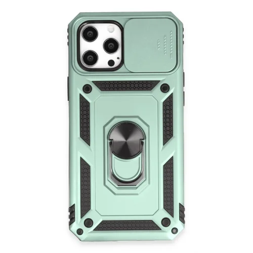 Mey İthalat®  iPhone 12 Pro Max Kılıf Pars Lens Yüzüklü Silikon - Yeşil