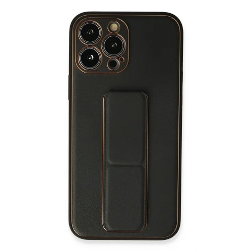 Mey İthalat®  iPhone 13 Pro Kılıf Coco Deri Standlı Kapak - Siyah