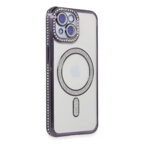 Mey İthalat®  iPhone 14 Kılıf Joke Simli Magneticsafe Kılıf - Derin Mor