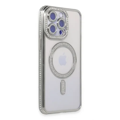 Mey İthalat®  iPhone 14 Pro Max Kılıf Joke Simli Magneticsafe Kılıf - Gümüş