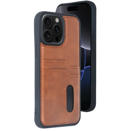 Mey İthalat®  iPhone 14 Pro Max Kılıf Sara Kartvizitli Deri Kılıf - Taba