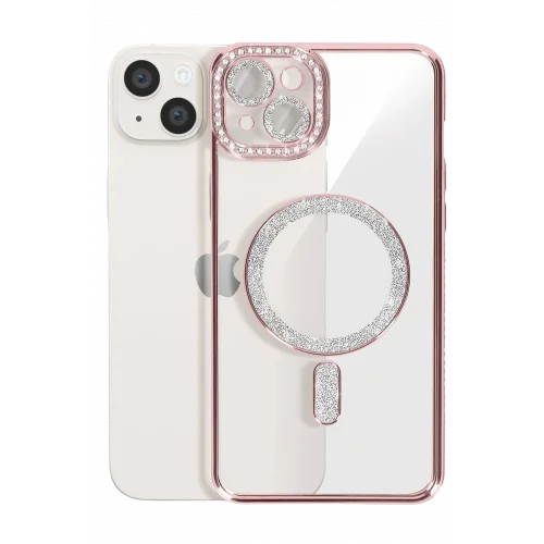 Mey İthalat®  iPhone 15 Kılıf Joke Simli Magneticsafe Kılıf - Pembe
