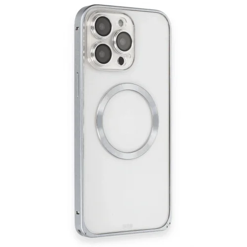 Mey İthalat®  iPhone 15 Pro Kılıf Metal Bumper Magneticsafe Kapak - Gri