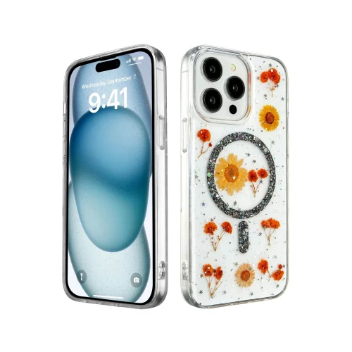 Mey İthalat®  iPhone 15 Pro Max Kılıf Daisy Simli Magsafe Kapak - Siyah