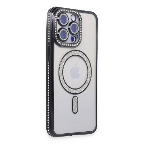 Mey İthalat®  iPhone 15 Pro Max Kılıf Joke Simli Magneticsafe Kılıf - Siyah