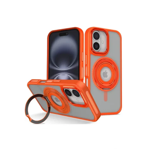 Mey İthalat®  iPhone 16 Banza Magsafe Standlı Kapak - Turuncu