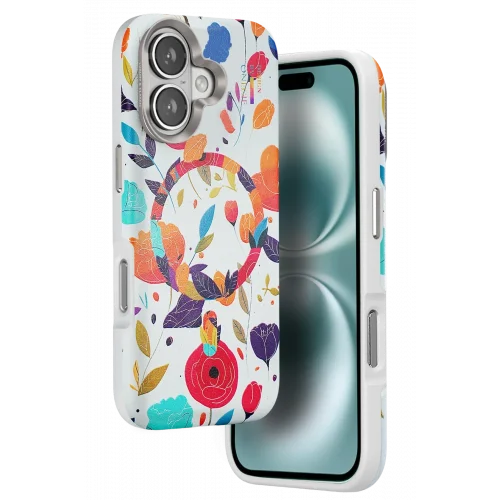 Mey İthalat®  iPhone 16 Flower Series Magsafe Kapak - Beyaz