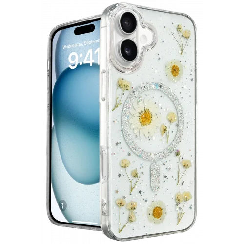 Mey İthalat®  iPhone 16 Kılıf Daisy Simli Magsafe Kapak - Gümüş