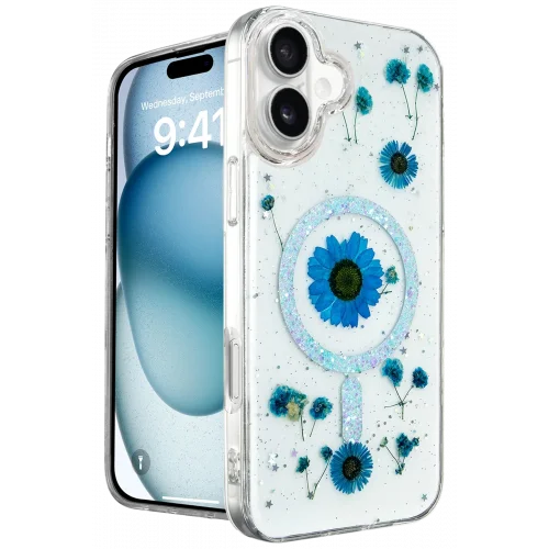 Mey İthalat®  iPhone 16 Kılıf Daisy Simli Magsafe Kapak - Mavi