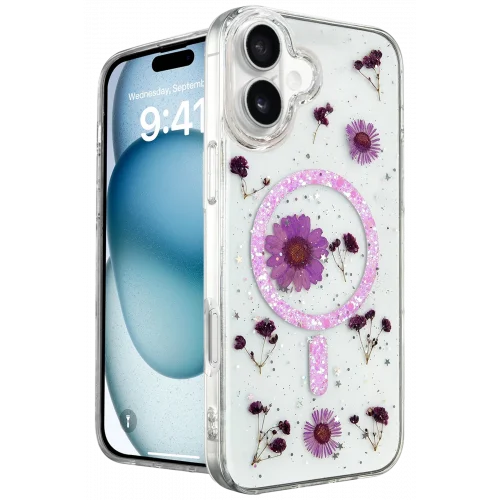 Mey İthalat®  iPhone 16 Kılıf Daisy Simli Magsafe Kapak - Mor