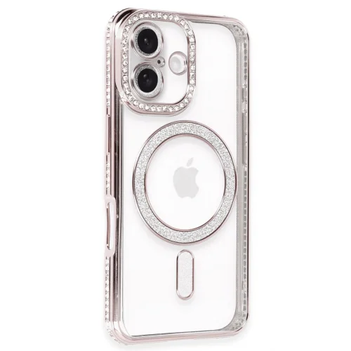 Mey İthalat®  iPhone 16 Kılıf Joke Simli Magneticsafe Kılıf - Pembe