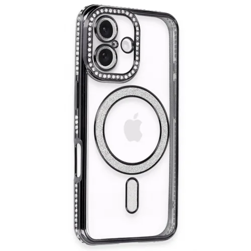 Mey İthalat®  iPhone 16 Kılıf Joke Simli Magneticsafe Kılıf - Siyah