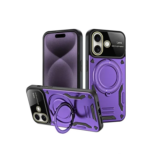 Mey İthalat®  iPhone 16 Kılıf Joy Lens Standlı Kapak - Mor