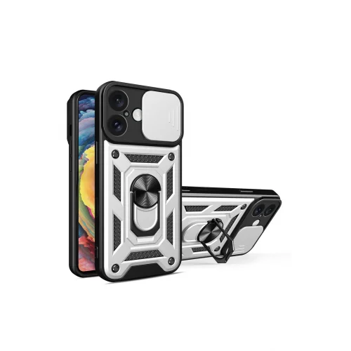 Mey İthalat®  iPhone 16 Kılıf Pars Lens Yüzüklü Silikon - Gümüş