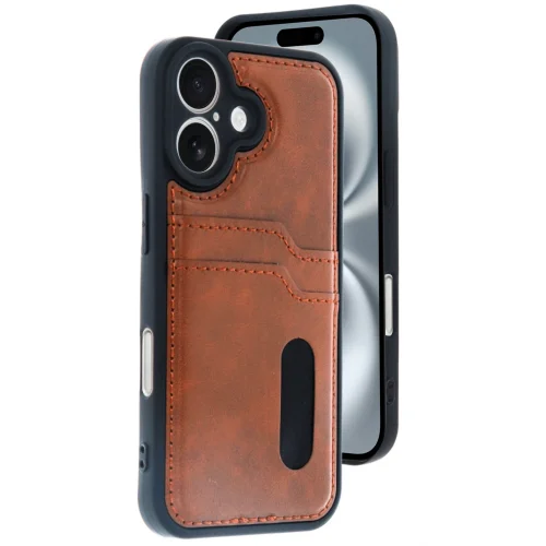 Mey İthalat®  iPhone 16 Kılıf Sara Kartvizitli Deri Kılıf - Taba