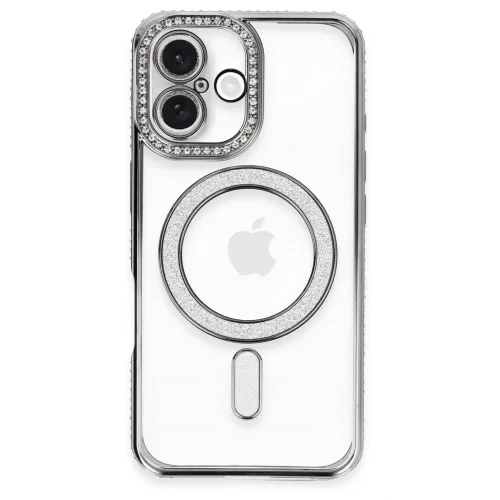Mey İthalat®  iPhone 16 Plus Kılıf Joke Simli Magneticsafe Kılıf - Gri
