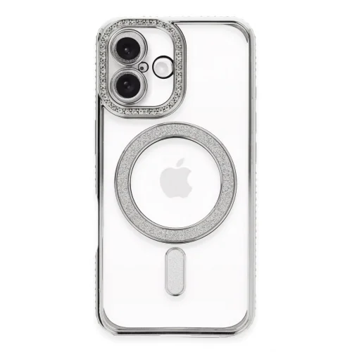 Mey İthalat®  iPhone 16 Plus Kılıf Joke Simli Magneticsafe Kılıf - Gümüş