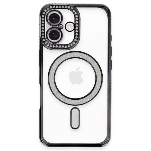 Mey İthalat®  iPhone 16 Plus Kılıf Joke Simli Magneticsafe Kılıf - Siyah