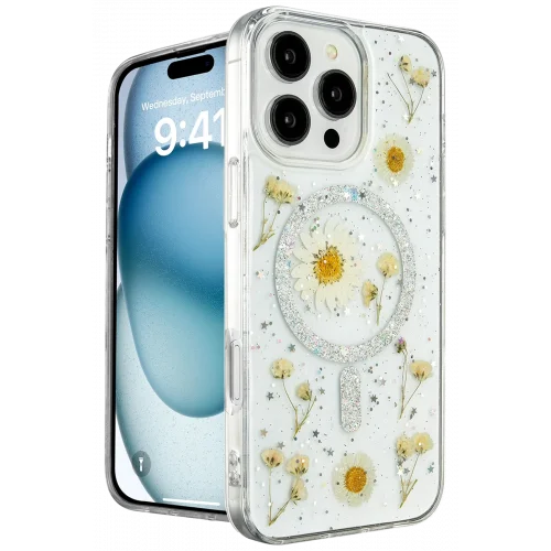 Mey İthalat®  iPhone 16 Pro Kılıf Daisy Simli Magsafe Kapak - Gümüş