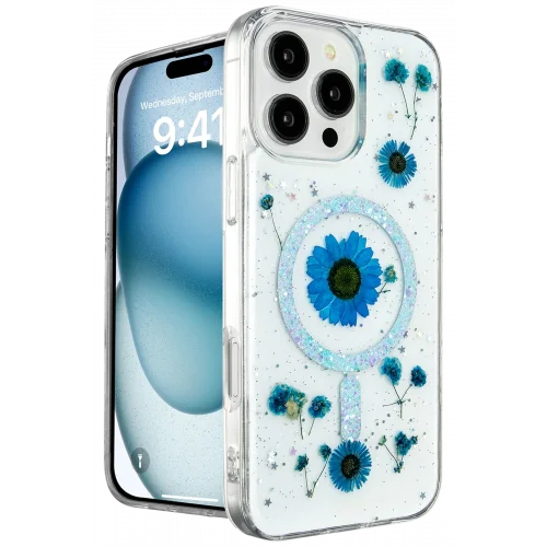 Mey İthalat®  iPhone 16 Pro Kılıf Daisy Simli Magsafe Kapak - Mavi