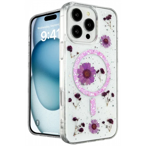 Mey İthalat®  iPhone 16 Pro Kılıf Daisy Simli Magsafe Kapak - Mor