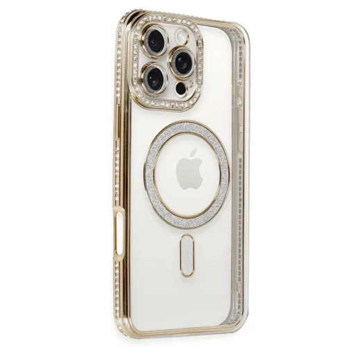 Mey İthalat®  iPhone 16 Pro Kılıf Joke Simli Magneticsafe Kılıf - Gold