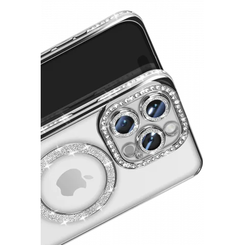 Mey İthalat®  iPhone 16 Pro Max Kılıf Joke Simli Magneticsafe Kılıf - Gümüş