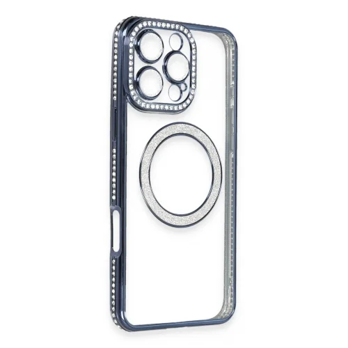 Mey İthalat®  iPhone 16 Pro Max Kılıf Joke Simli Magneticsafe Kılıf - Lacivert