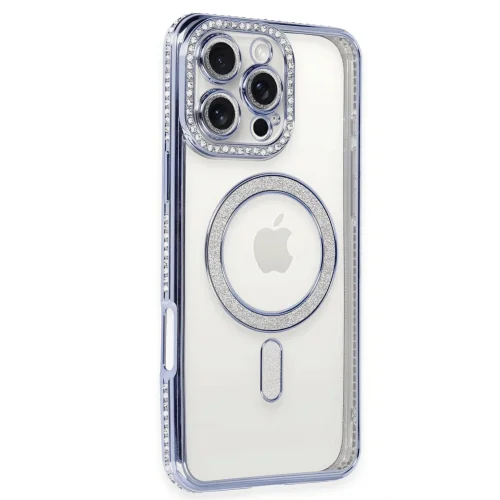 Mey İthalat®  iPhone 16 Pro Max Kılıf Joke Simli Magneticsafe Kılıf - Mavi