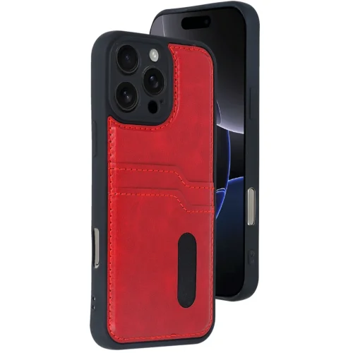 Mey İthalat®  iPhone 16 Pro Max Kılıf Sara Kartvizitli Deri Kılıf - Kırmızı