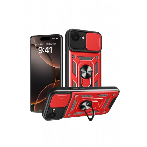 Mey İthalat®  iPhone 16E Kılıf Pars Lens Yüzüklü Silikon - Kırmızı