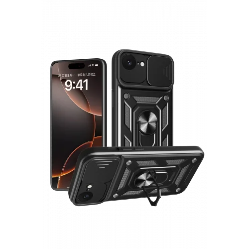 Mey İthalat®   iPhone 16E Kılıf Pars Lens Yüzüklü Silikon - Siyah