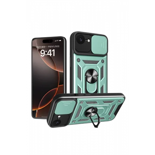 Mey İthalat®  iPhone 16E Kılıf Pars Lens Yüzüklü Silikon - Yeşil