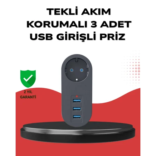 Mey İthalat® Isıya Dayanıklı 3 USB Portlu Güvenlikli Priz – Akıllı Enerji Yönetimi