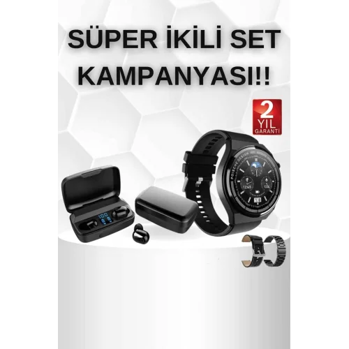 Mey İthalat® Kablosuz Bluetooth Kulaklık ve Kordon Hediyeli Akıllı Saat Nabız Ölçer Uzun Pil Ömrü